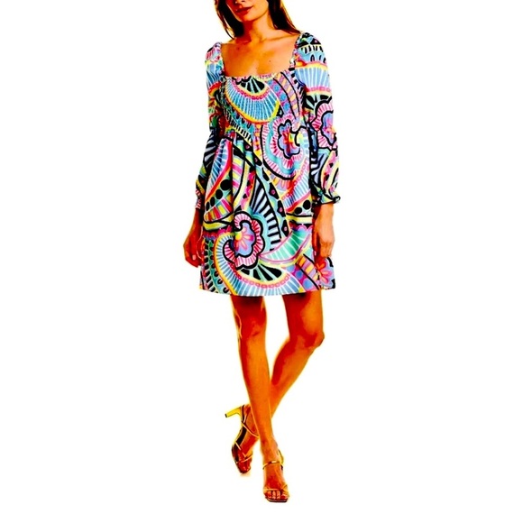 Tuckernuck Sail to Sable Kaleidoscope Print Smocked Nap Dress Sz S Long Sleeve - Picture 1 of 16